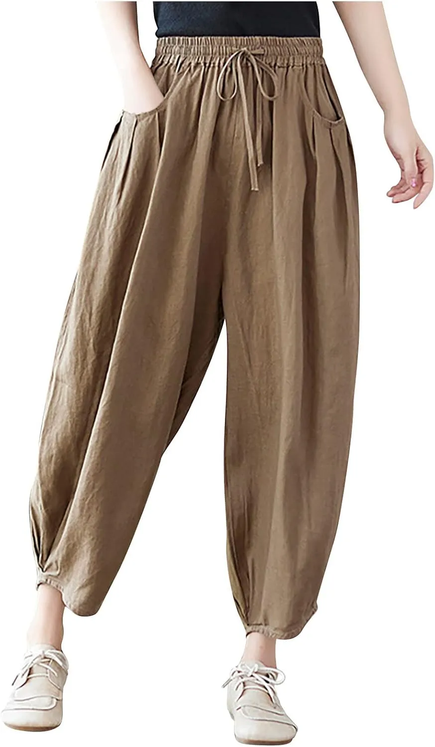 Ceboyel Womens Cotton Linen Harem Pants Drawstring Elastic Waist Summer Trouser Casual Baggy Pants Boho Beach Clothes 2023