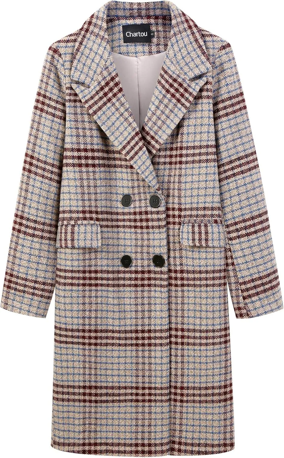 CHARTOU Women's Winter Oversize Lapel Collar Woolen Plaid Double Breasted Long Peacoat Jacket