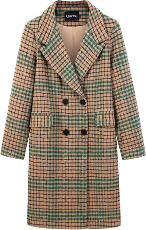 CHARTOU Women's Winter Oversize Lapel Collar Woolen Plaid Double Breasted Long Peacoat Jacket