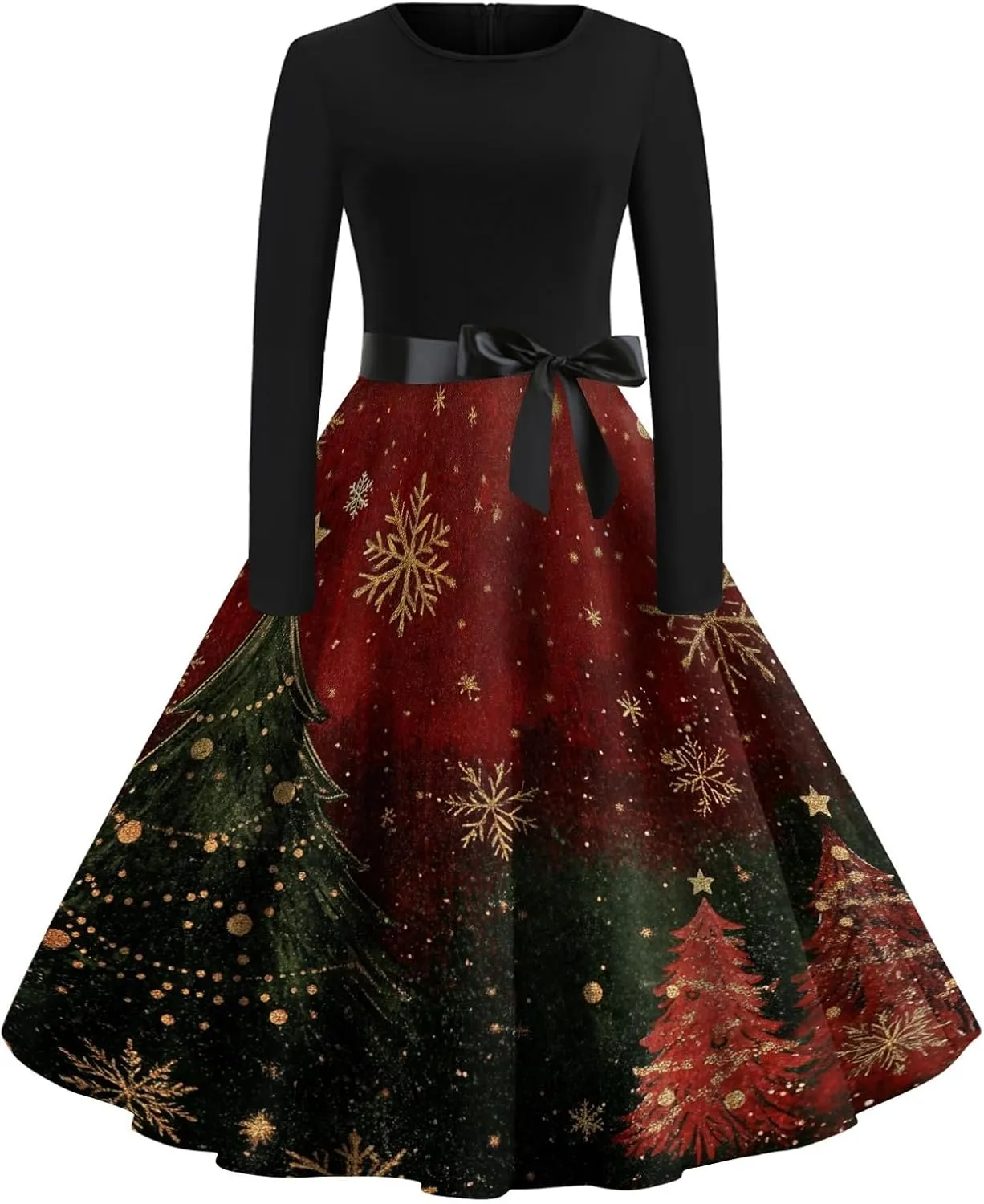 Christmas Dresses for Women 2024 Long Sleeve Crewneck Xmas Reindeer Big Hem Bodycon Midi A-Line Winter Hepburn Dress