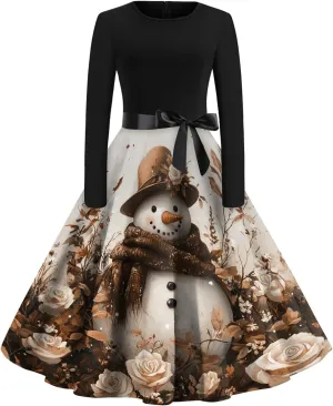 Christmas Dresses for Women 2024 Long Sleeve Crewneck Xmas Reindeer Big Hem Bodycon Midi A-Line Winter Hepburn Dress