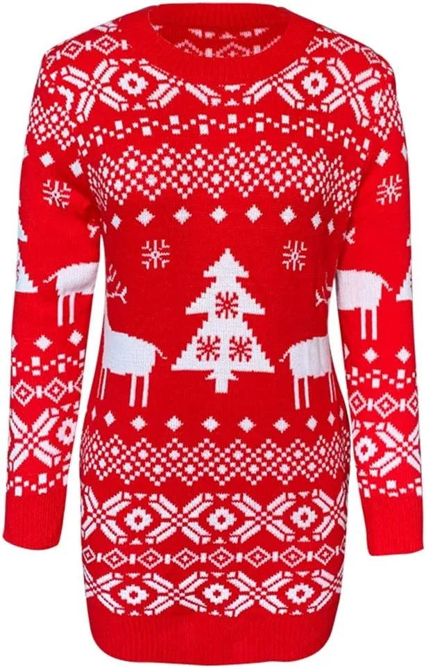 Christmas Knitted Dress for Women Elegant Winter Round Neck Long Sleeve Sweater Dress Knitwear Pullover Dress