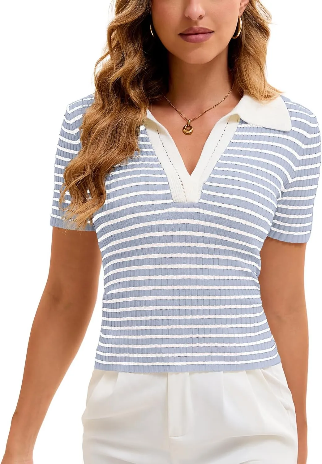 Cioatin Women Short Sleeve Striped Knit Polo Crop Shirt Tops Vintage Collar V Neck Slim Fit T-Shirt Aesthetic Going Out