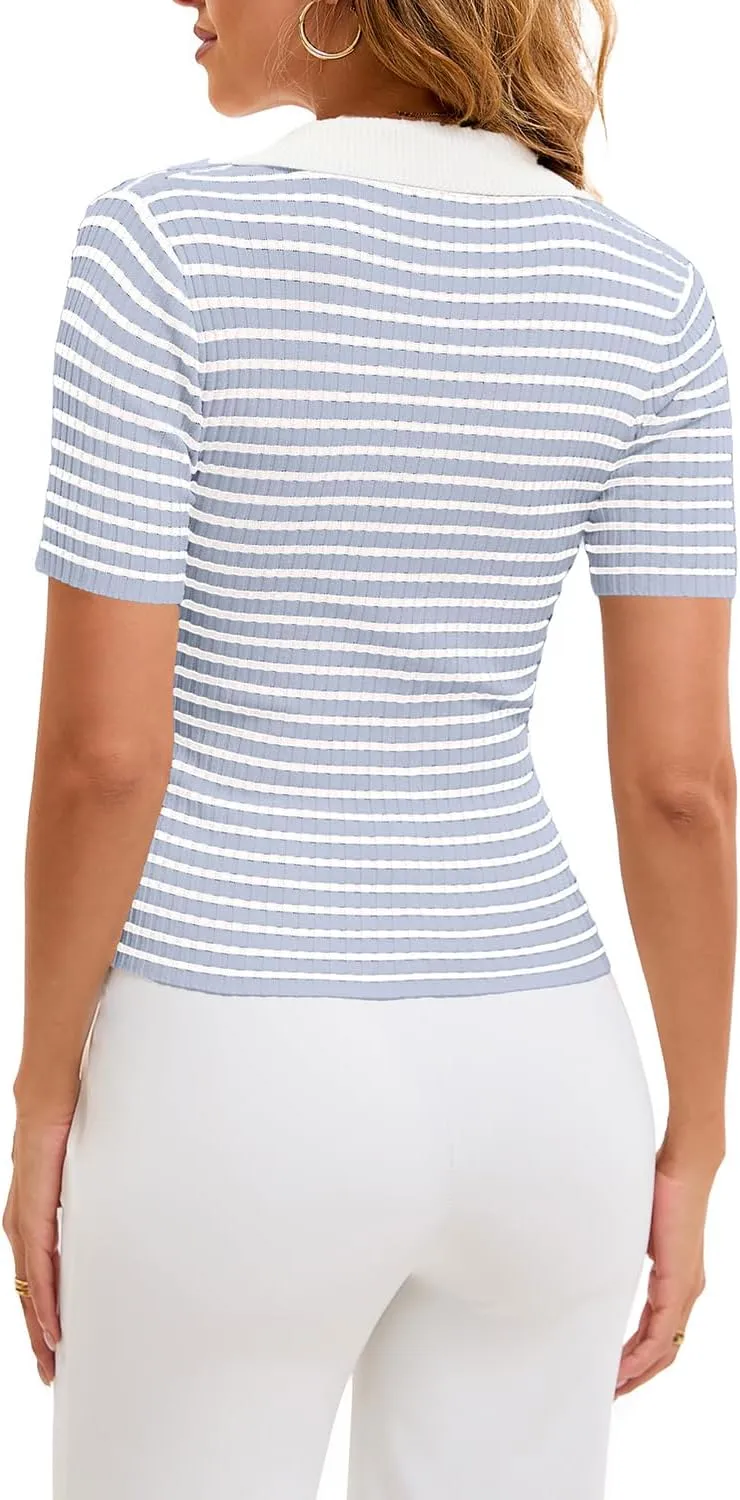 Cioatin Women Short Sleeve Striped Knit Polo Crop Shirt Tops Vintage Collar V Neck Slim Fit T-Shirt Aesthetic Going Out