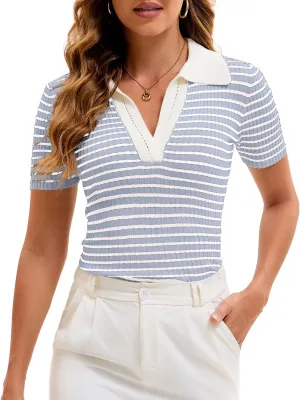 Cioatin Women Short Sleeve Striped Knit Polo Crop Shirt Tops Vintage Collar V Neck Slim Fit T-Shirt Aesthetic Going Out
