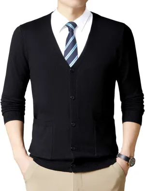 Ciormis Men's Cardigan Sweater, Black Long Sleeve Casual V Neck Button Down Knitted Sweater with Pockets(Black-L)