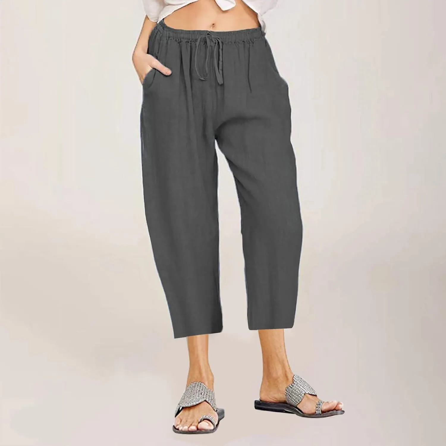 Cotton Linen Capri Pants for Women 2025 Summer Vacation Beach Trouser Drawstring High Waist Lounge Pants with Pockets
