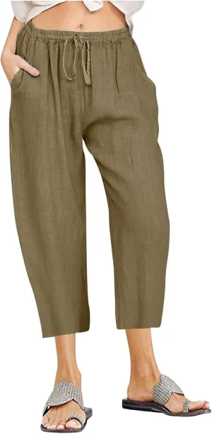 Cotton Linen Capri Pants for Women 2025 Summer Vacation Beach Trouser Drawstring High Waist Lounge Pants with Pockets
