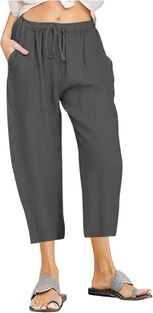 Cotton Linen Capri Pants for Women 2025 Summer Vacation Beach Trouser Drawstring High Waist Lounge Pants with Pockets