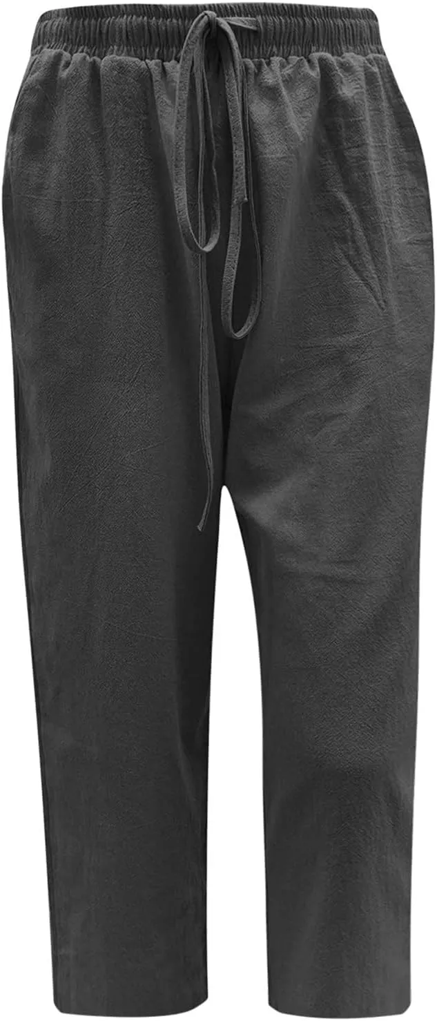 Cotton Linen Capri Pants for Women 2025 Summer Vacation Beach Trouser Drawstring High Waist Lounge Pants with Pockets