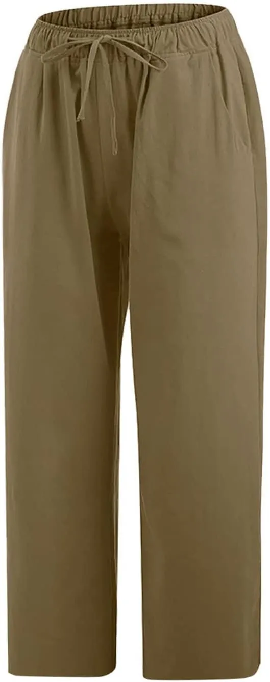 Cotton Linen Capri Pants for Women 2025 Summer Vacation Beach Trouser Drawstring High Waist Lounge Pants with Pockets