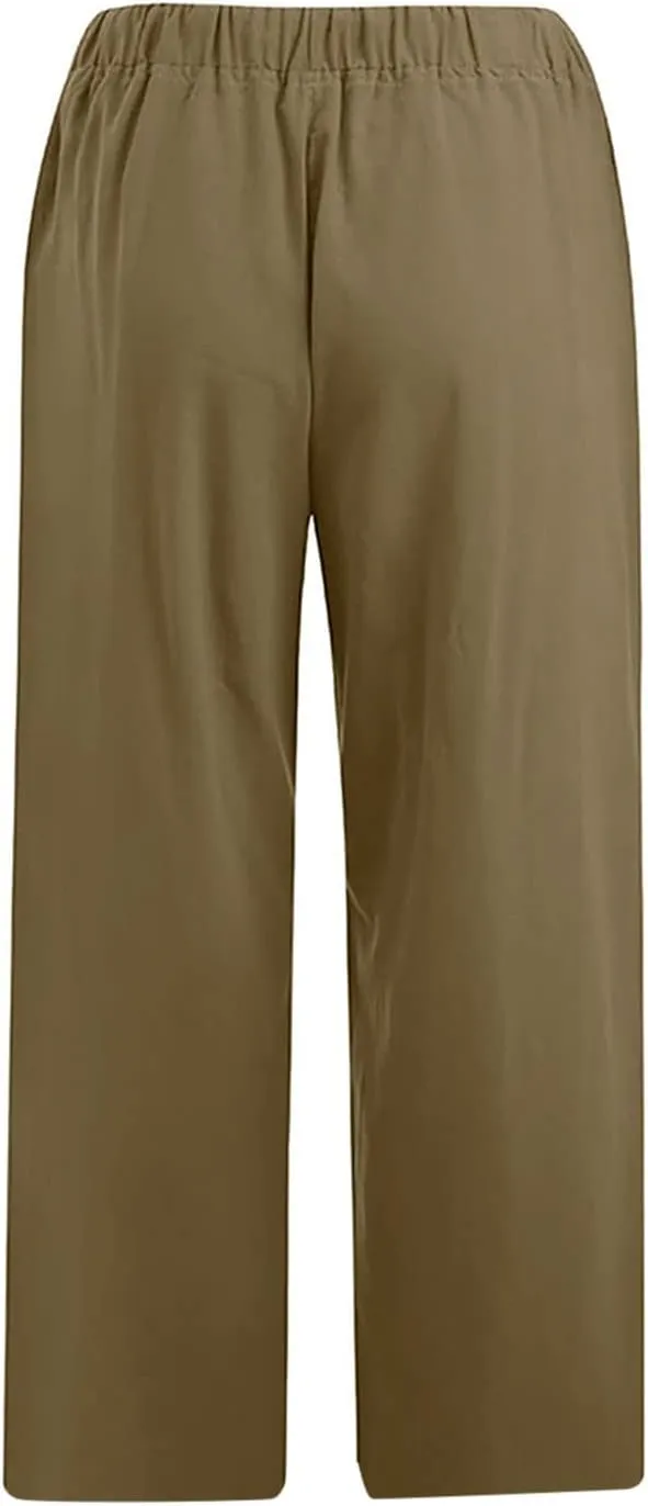 Cotton Linen Capri Pants for Women 2025 Summer Vacation Beach Trouser Drawstring High Waist Lounge Pants with Pockets