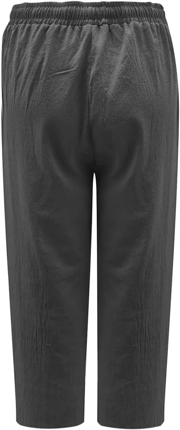 Cotton Linen Capri Pants for Women 2025 Summer Vacation Beach Trouser Drawstring High Waist Lounge Pants with Pockets