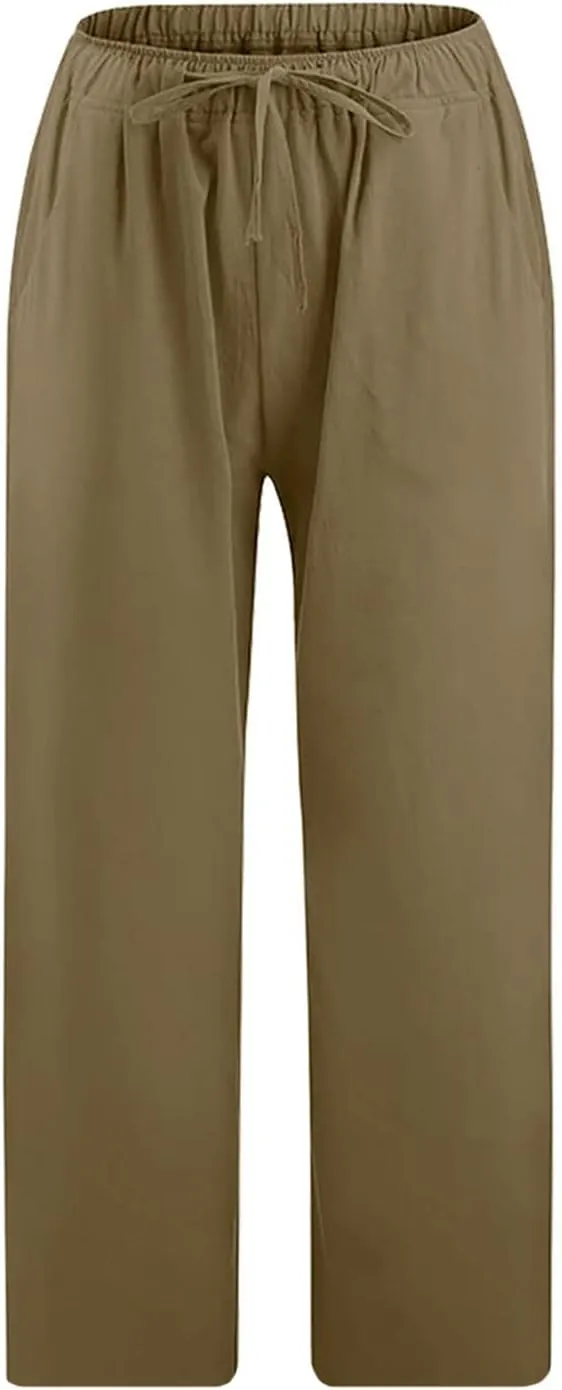 Cotton Linen Capri Pants for Women 2025 Summer Vacation Beach Trouser Drawstring High Waist Lounge Pants with Pockets