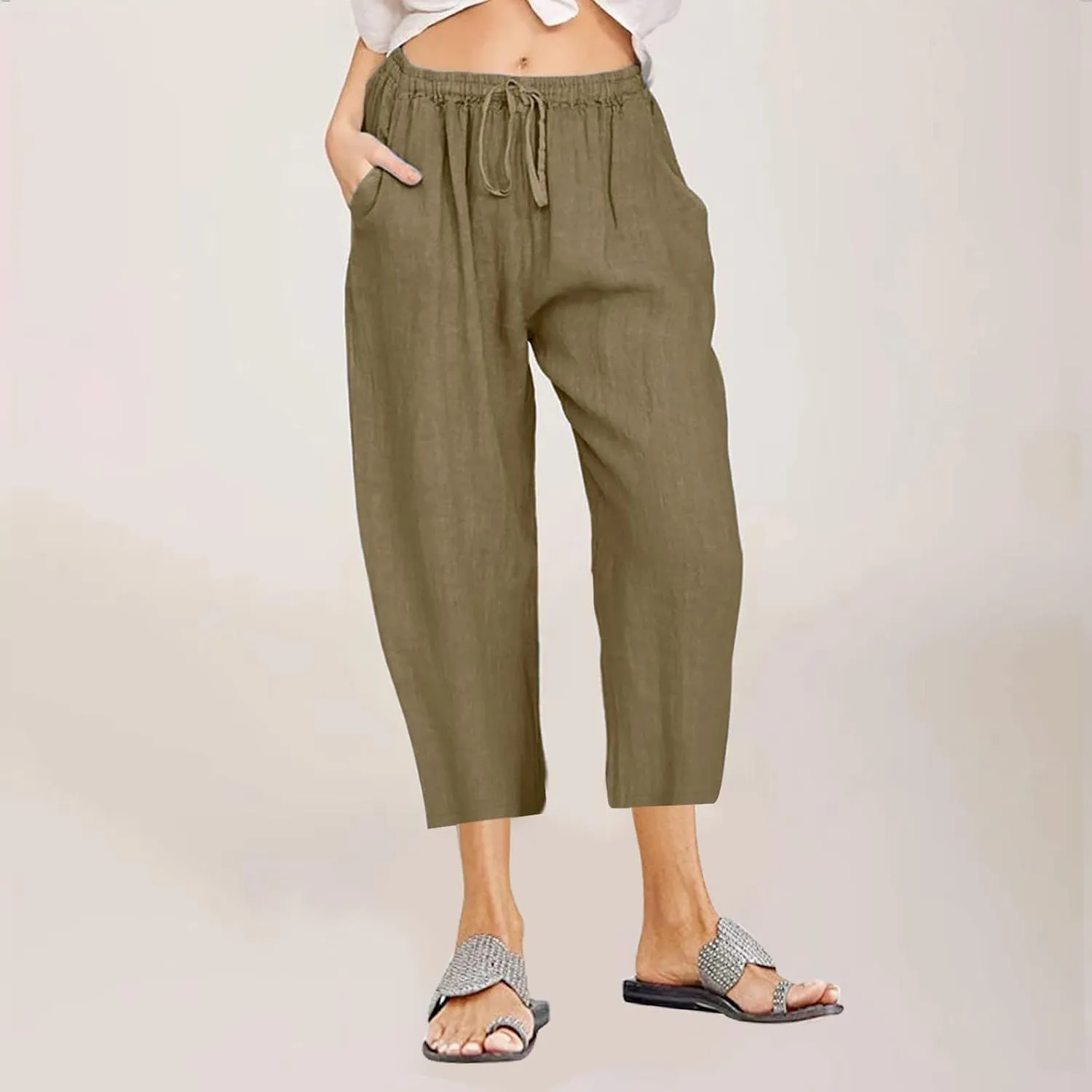 Cotton Linen Capri Pants for Women 2025 Summer Vacation Beach Trouser Drawstring High Waist Lounge Pants with Pockets