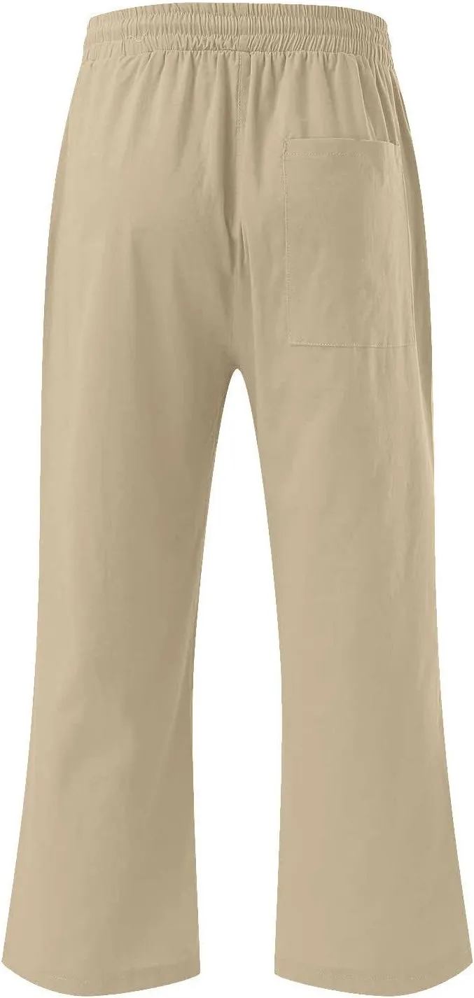 Cotton Linen Capri Pants for Women Fall Casual Capris Drawstring Elastic High Waist Pant Leg Cropped Trouser 2 Pack