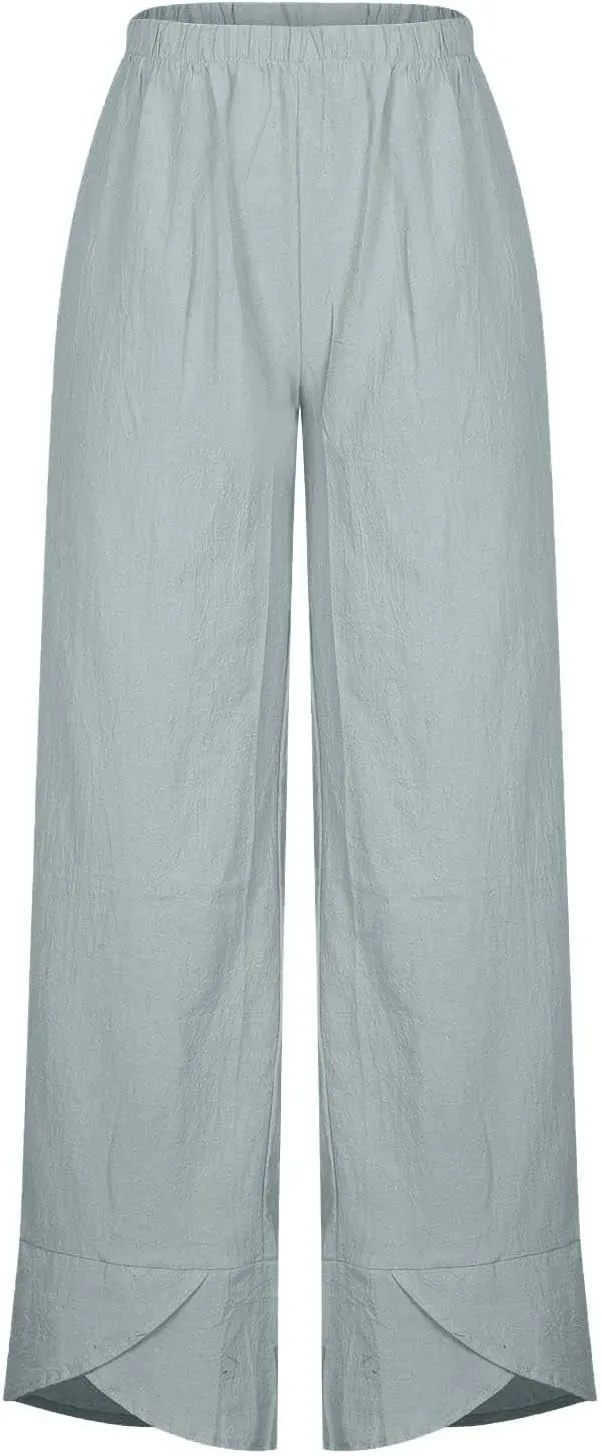 Cotton Linen Pants for Women High Waist Casual Wide Leg Pants Fashion Solid Loose Lounge Trousers with Pockets