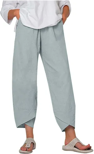 Cotton Linen Pants for Women High Waist Casual Wide Leg Pants Fashion Solid Loose Lounge Trousers with Pockets