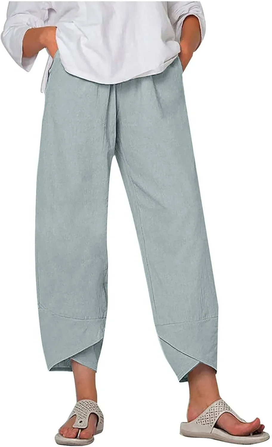 Cotton Linen Pants for Women High Waist Casual Wide Leg Pants Fashion Solid Loose Lounge Trousers with Pockets