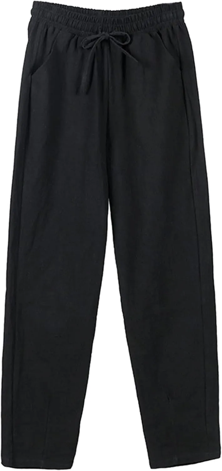 Cotton Linen Pants Women Casual High Waist Drawstring Baggy Trousers Straight Wide Leg Yoga Pants with Pockets