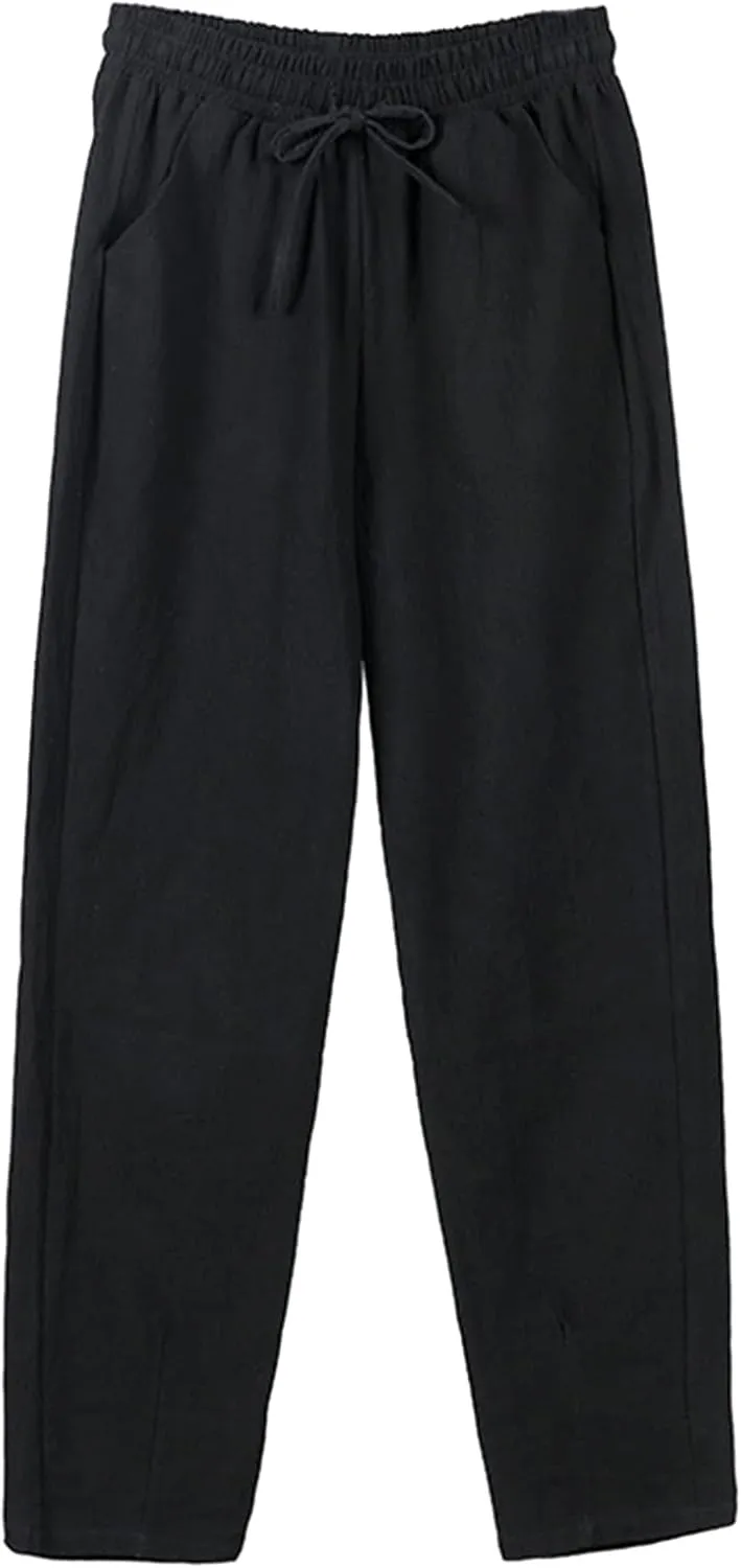 Cotton Linen Pants Women Casual High Waist Drawstring Baggy Trousers Straight Wide Leg Yoga Pants with Pockets