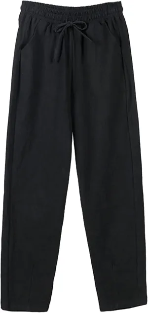 Cotton Linen Pants Women Casual High Waist Drawstring Baggy Trousers Straight Wide Leg Yoga Pants with Pockets