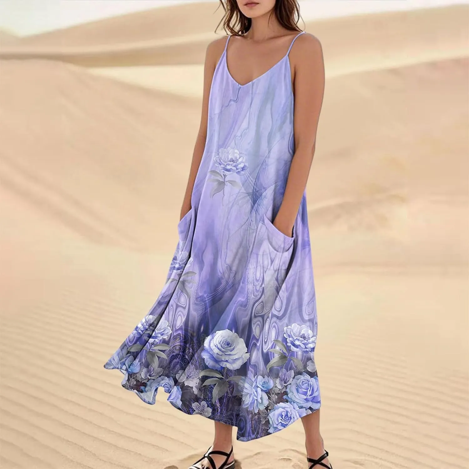 Cotton Linen Sundress for Women Plus Size Sleeveless Spaghetti Strap Midi Dress Loose Beach Vacation with Pockets