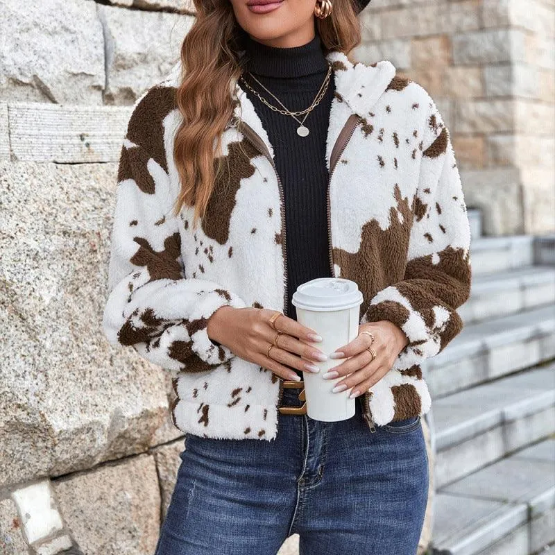Cow Pattern Wool Cardigan Hooded Sweater Jacket
