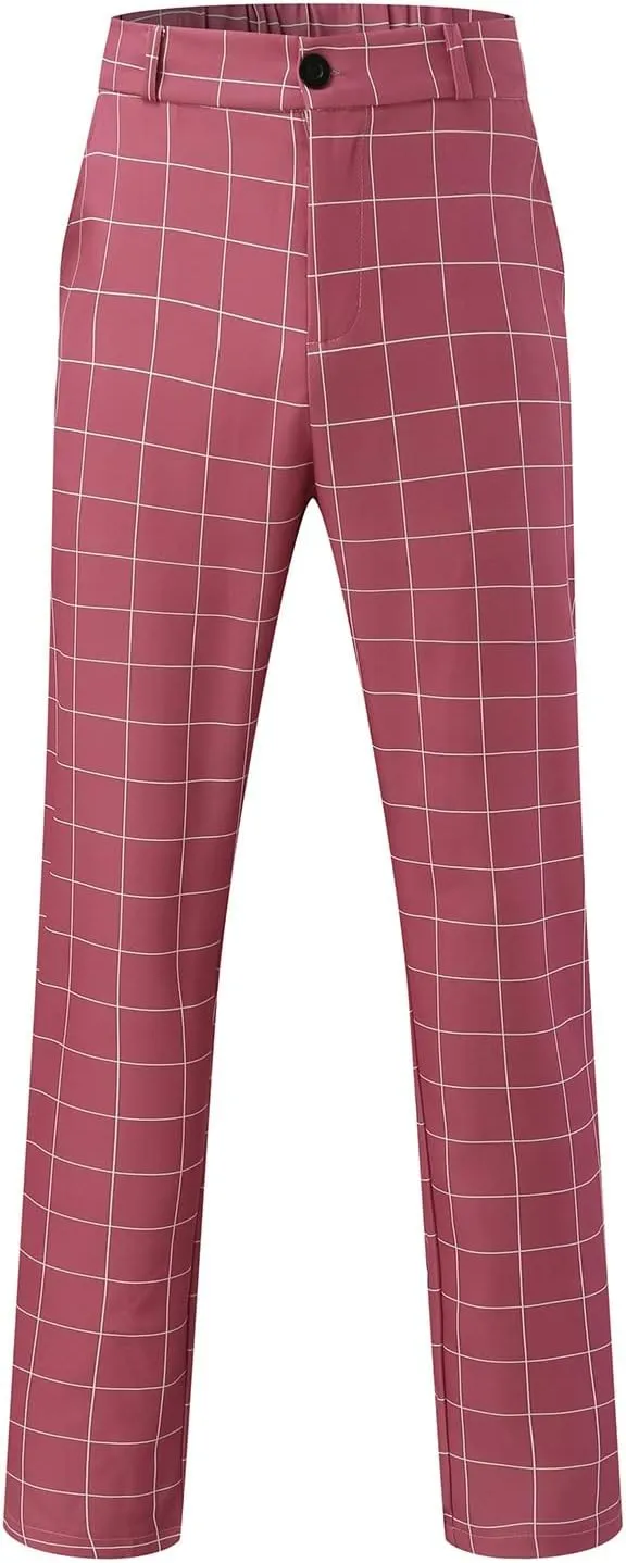 CRNTCEM Men's Plaid Suit Pants Chinos Skinny Work Business Trouser Straight Wedding Flat Front Formal Dress Check Trousers