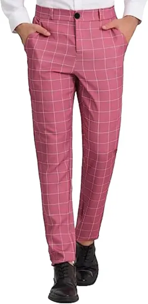 CRNTCEM Men's Plaid Suit Pants Chinos Skinny Work Business Trouser Straight Wedding Flat Front Formal Dress Check Trousers