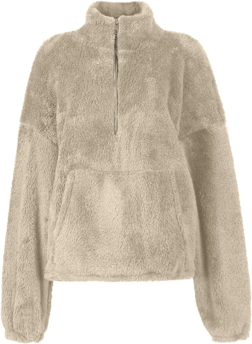 Cropped Half Zip Pullover Women Comfy Warm Sherpa Fleece Sweatshirt No Hood Quarter Zip Sweater with Pockets