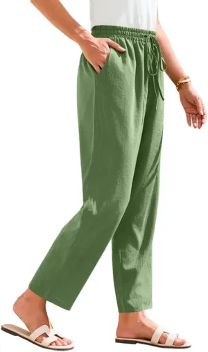 Cropped Linen Pants Women Summer Elastic Drawstring Waist Tapered Straight Leg Crop Pants Casual Beach Ankle Trousers