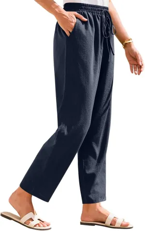 Cropped Linen Pants Women Summer Elastic Drawstring Waist Tapered Straight Leg Crop Pants Casual Beach Ankle Trousers