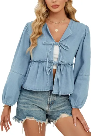 D-Sun Women V-Neck Tie Front Denim Shirt Peplum Babydoll Jean Blouse Long Puff Sleeves Y2K Cropped Bow Open Front Top Jacket