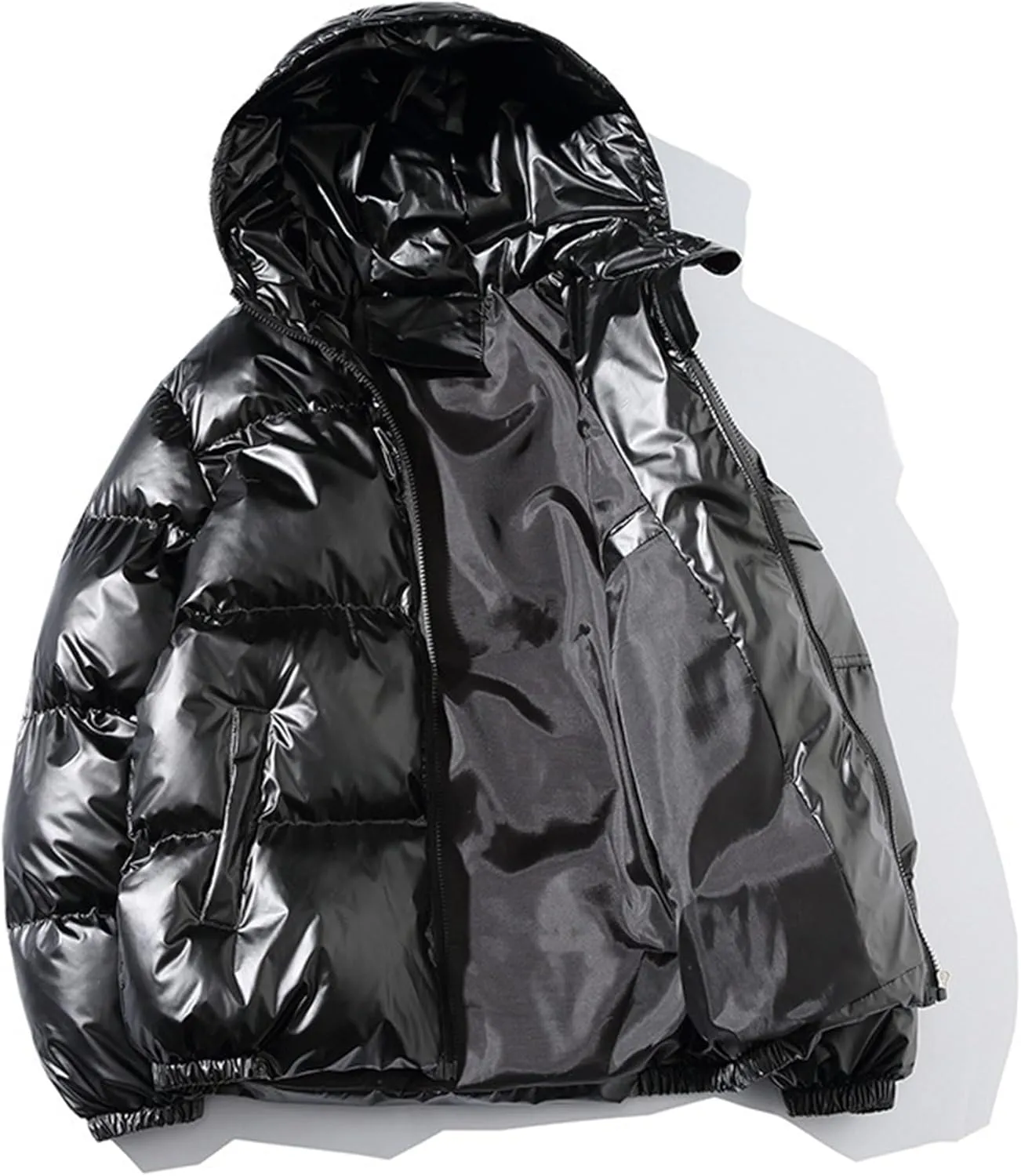 DGHM-JLMY Men's Glossy Padded Winter Hood Coat Metallic Full Zip Down Quilted Puffer Jacket Warm Plus Size Shiny Hooded Coat