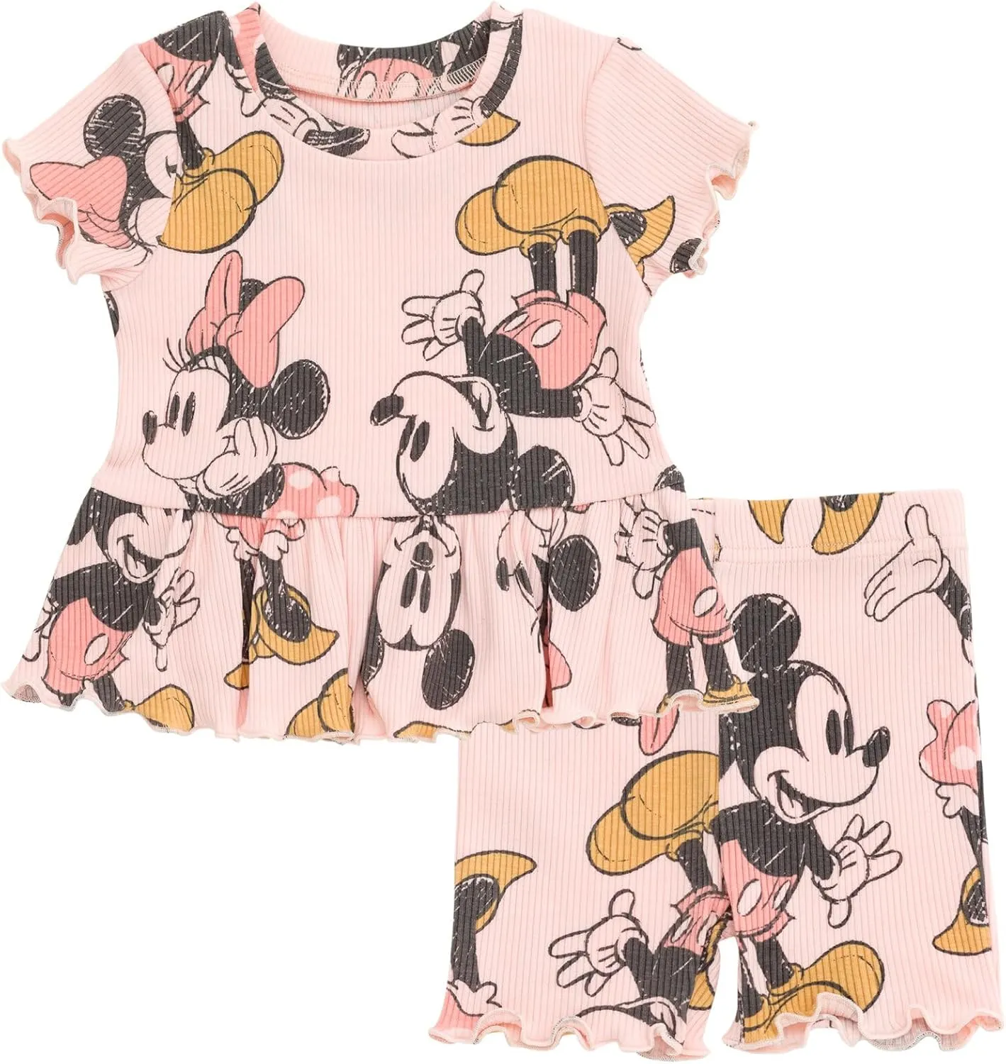 Disney Junior Ribbed Peplum T-Shirt and Bike Shorts Outfit Set Newborn to Big Kid Sizes (0-3 Months - 14-16)