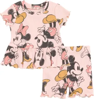 Disney Junior Ribbed Peplum T-Shirt and Bike Shorts Outfit Set Newborn to Big Kid Sizes (0-3 Months - 14-16)
