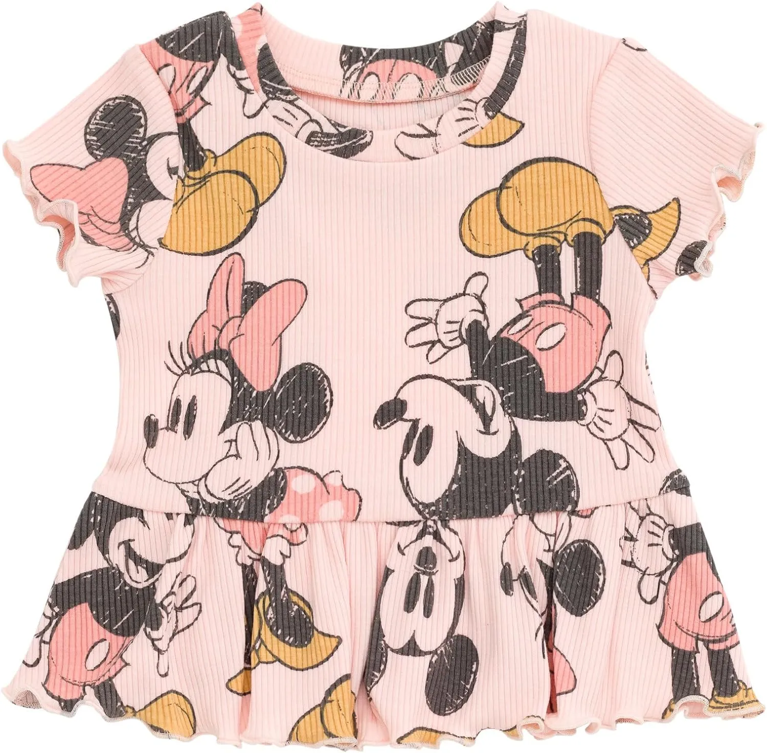 Disney Junior Ribbed Peplum T-Shirt and Bike Shorts Outfit Set Newborn to Big Kid Sizes (0-3 Months - 14-16)
