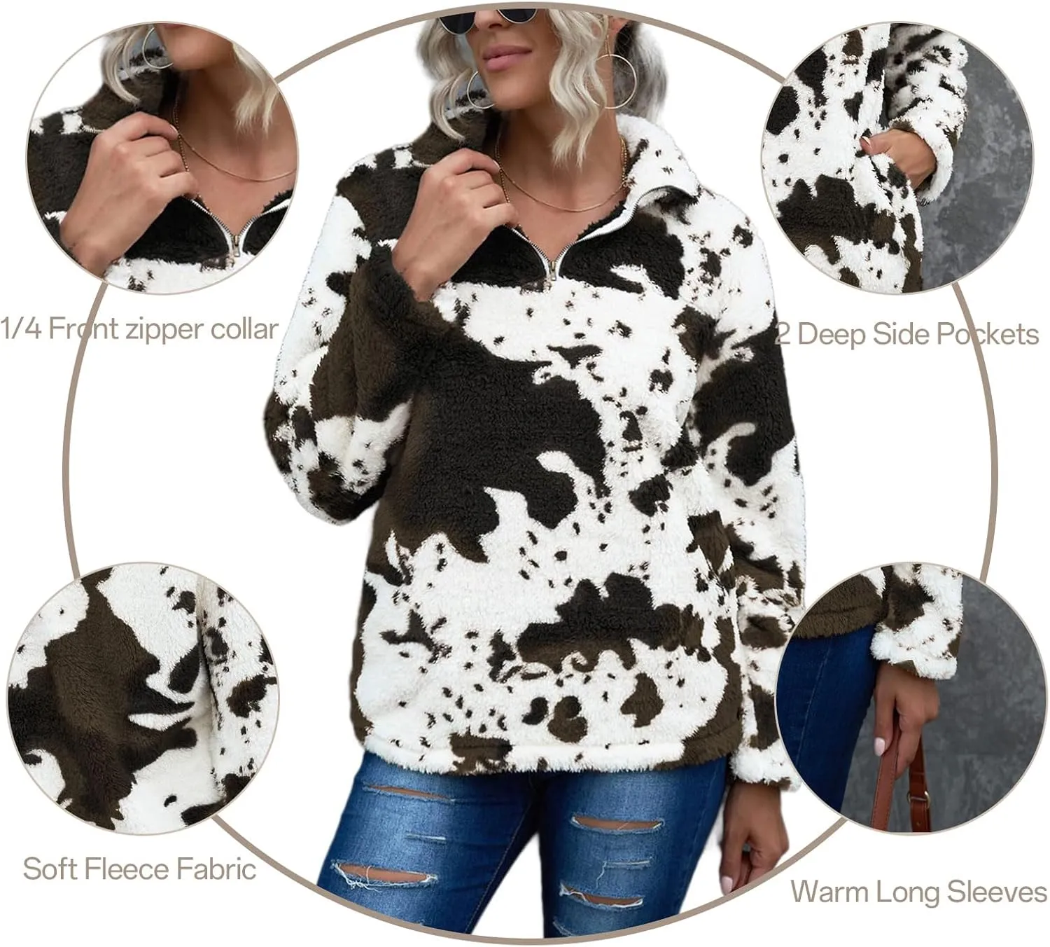 EARKOHA Womens Plus Size Long Sleeve Casual Zip Collar Cow Print Fleece Jacket Tops