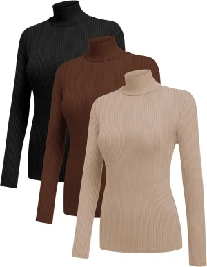 Ekouaer Women 3 Pack Turtleneck Shirts Ribbed Thermal Underwear Tops Lightweight Long Sleeve Layer Tees Basic Pullover Blouse
