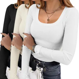 Ekouaer Womens 3 Pack Long Sleeve Shirts Square Neck Basic Ribbed Tops Tee Thermal Undershirts XS-XXL