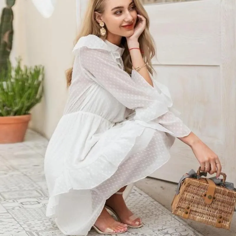 Elegant White Soft Long Sleeve Ruffled Boho Chiffon Dress