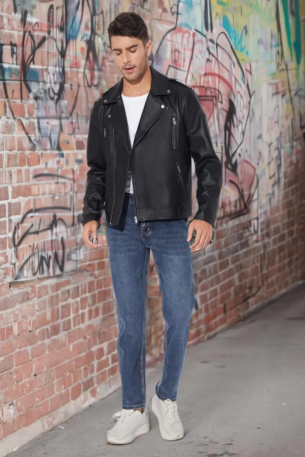 Fahsyee Faux Leather Jacket Men - Black Bomber Jackets Motorcycle Stand Collar Lightweight Zip-Up Slim Fit Biker Coat