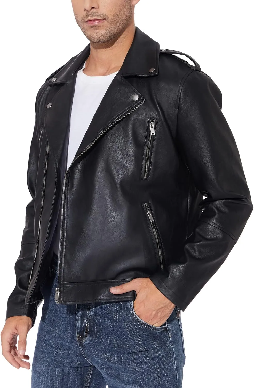 Fahsyee Faux Leather Jacket Men - Black Bomber Jackets Motorcycle Stand Collar Lightweight Zip-Up Slim Fit Biker Coat