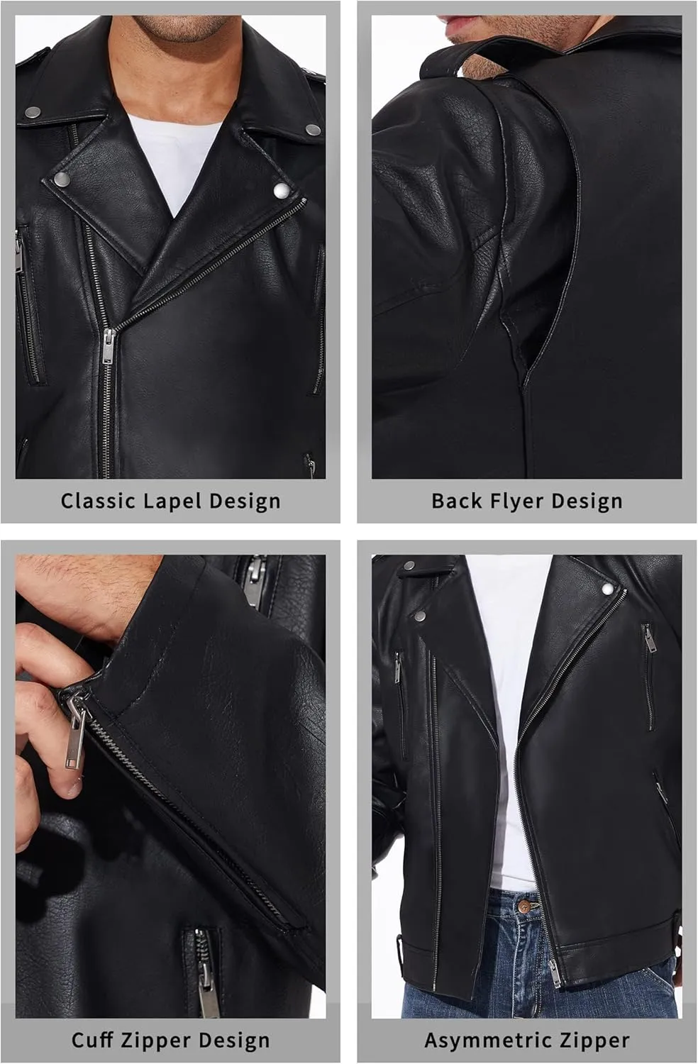 Fahsyee Faux Leather Jacket Men - Black Bomber Jackets Motorcycle Stand Collar Lightweight Zip-Up Slim Fit Biker Coat