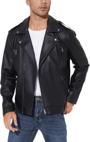 Fahsyee Faux Leather Jacket Men - Black Bomber Jackets Motorcycle Stand Collar Lightweight Zip-Up Slim Fit Biker Coat