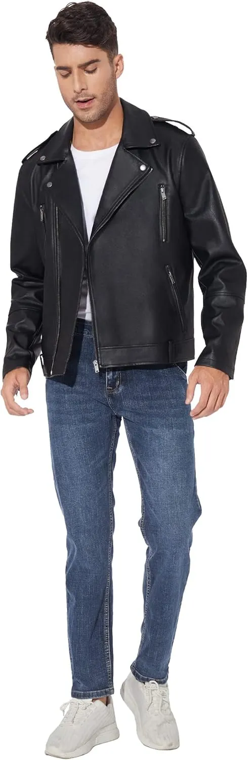 Fahsyee Faux Leather Jacket Men - Black Bomber Jackets Motorcycle Stand Collar Lightweight Zip-Up Slim Fit Biker Coat