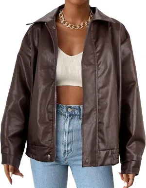 Faux Leather Jacket Women Brown Pleather Bomber Jacket Oversized Leather Blazer Motorcycle Jacket Biker Jacket Winter Coat Coffee L