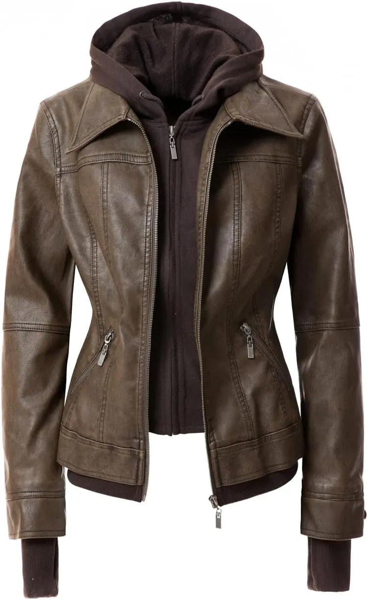 Faux Leather Jacket Women Casual Stand Collar Detachable Hood PU Leather Jacket