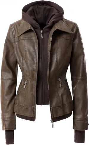 Faux Leather Jacket Women Casual Stand Collar Detachable Hood PU Leather Jacket